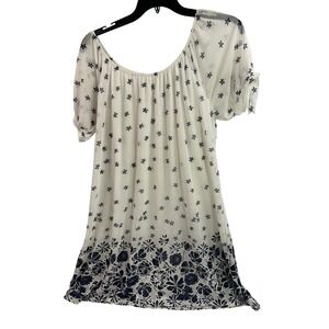 Sirenlily Floral Tunic Top 2X White Navy Off Shoulder Short Sleeve Women
